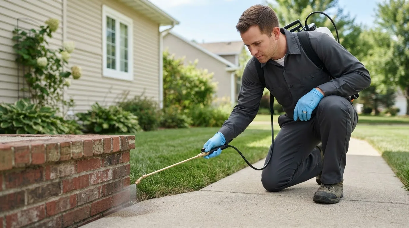 Pest control technician treating a home near Holton, MI
