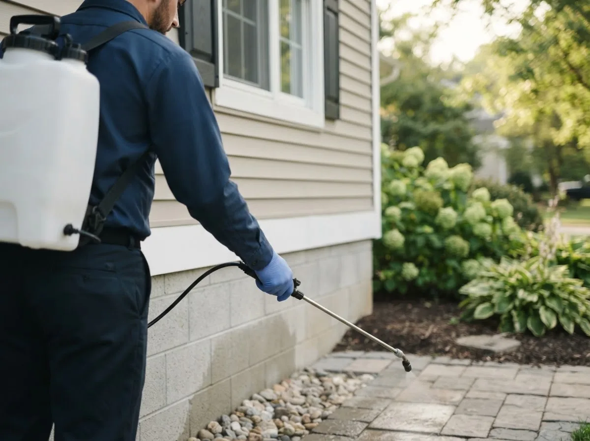 Pest control technician inspecting a home in Holton, MI